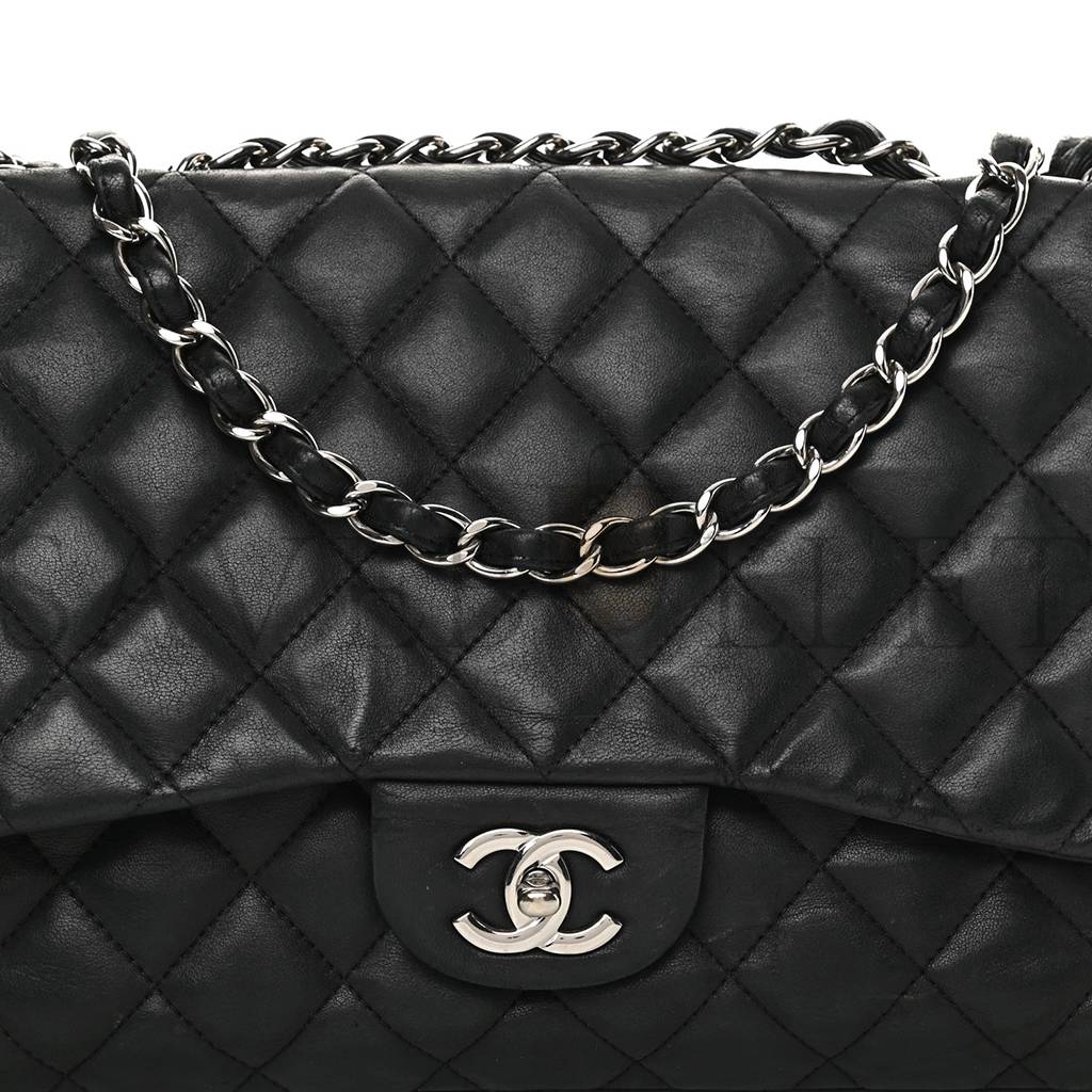 CHANEL LAMBSKIN QUILTED JUMBO SINGLE FLAP BLACK SILVER HARDWARE (30*20*9cm)