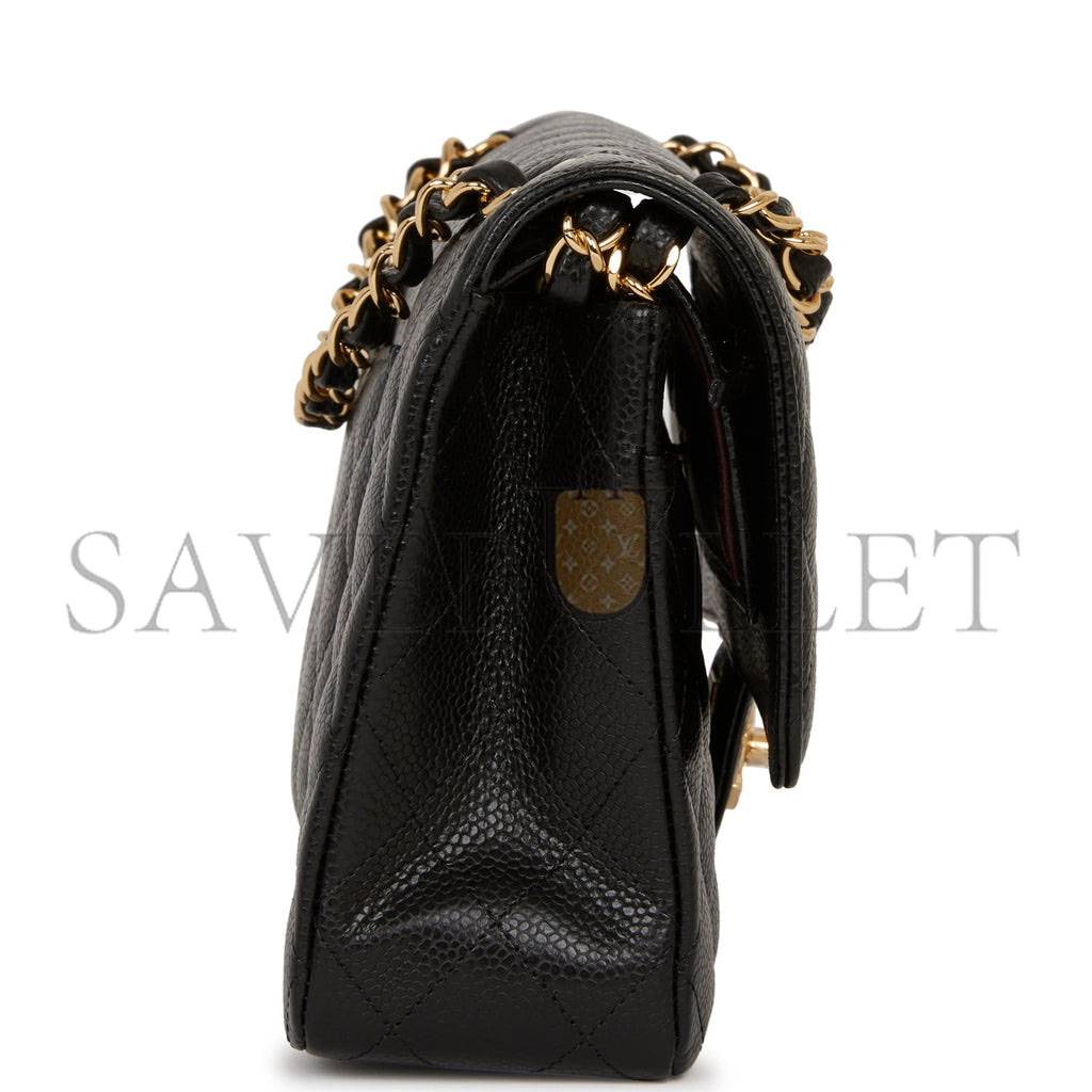 CHANEL MEDIUM CLASSIC DOUBLE FLAP BAG BLACK QUILTED CAVIAR GOLD HARDWARE (25*15*7cm)