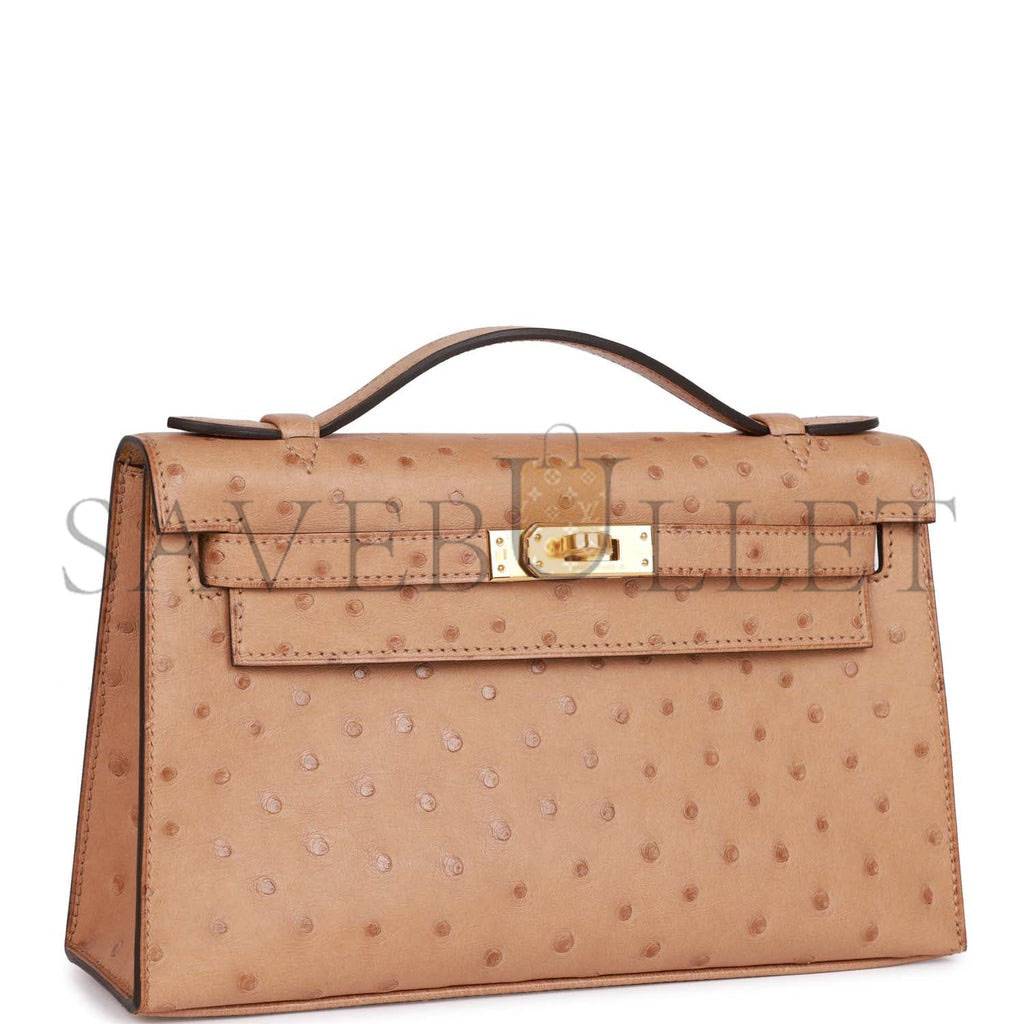 HERMES KELLY POCHETTE CHAI OSTRICH GOLD HARDWARE  (22*12*13cm)