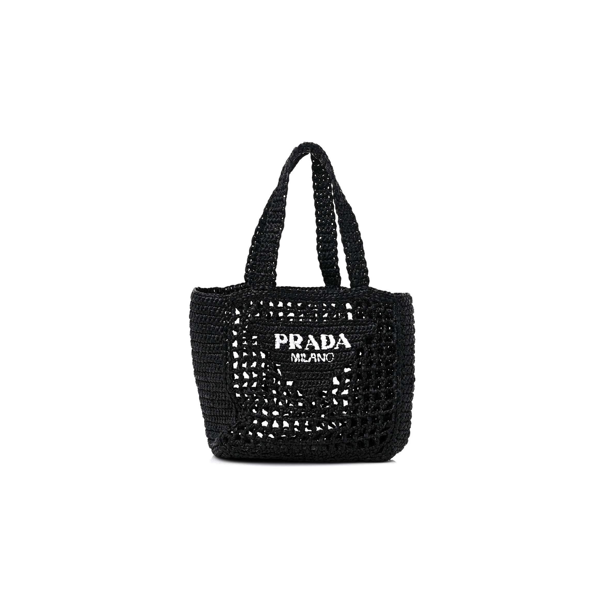 PRADA RAFFIA EMBROIDERED SMALL LOGO TOTE BAG BLACK (23*22*11cm)